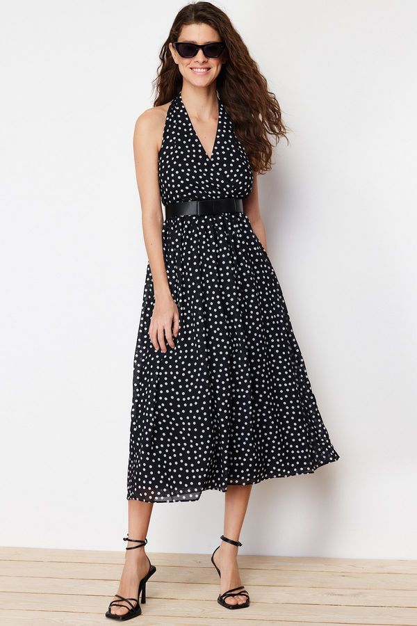 Trendyol Trendyol Black Belt Polka Dot Chiffon Lining Waist Opening Midi Woven Dress