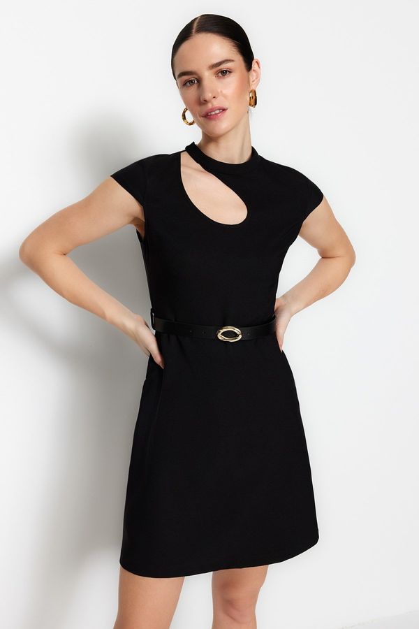 Trendyol Trendyol Black Belted A-Line Mini Woven Collar Detailed Woven Dress