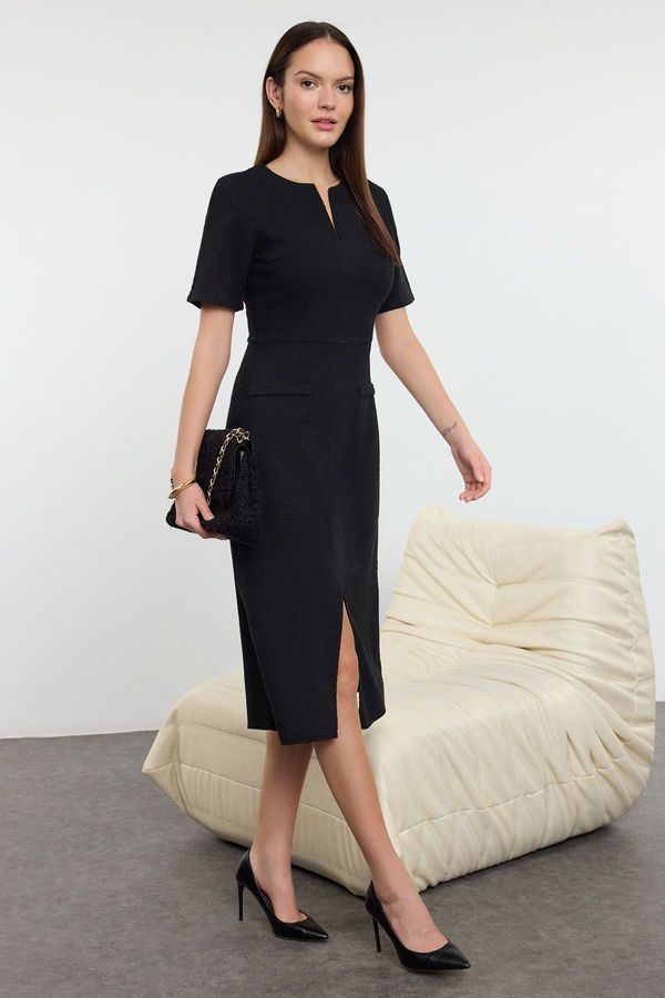 Trendyol Trendyol Black Belted A-Line Tweed Midi Woven Dress