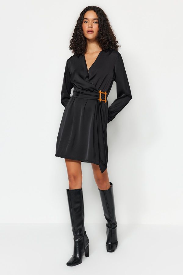 Trendyol Trendyol Black Belted Double Breasted Collar Satin Woven Dress