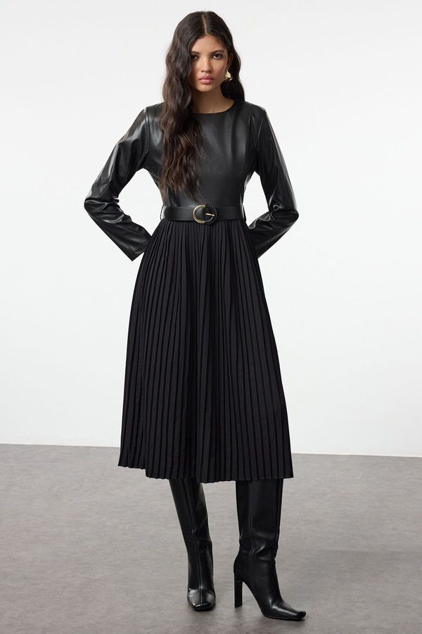 Trendyol Trendyol Black Belted Faux Leather Pleated A-Line Midi Woven Dress