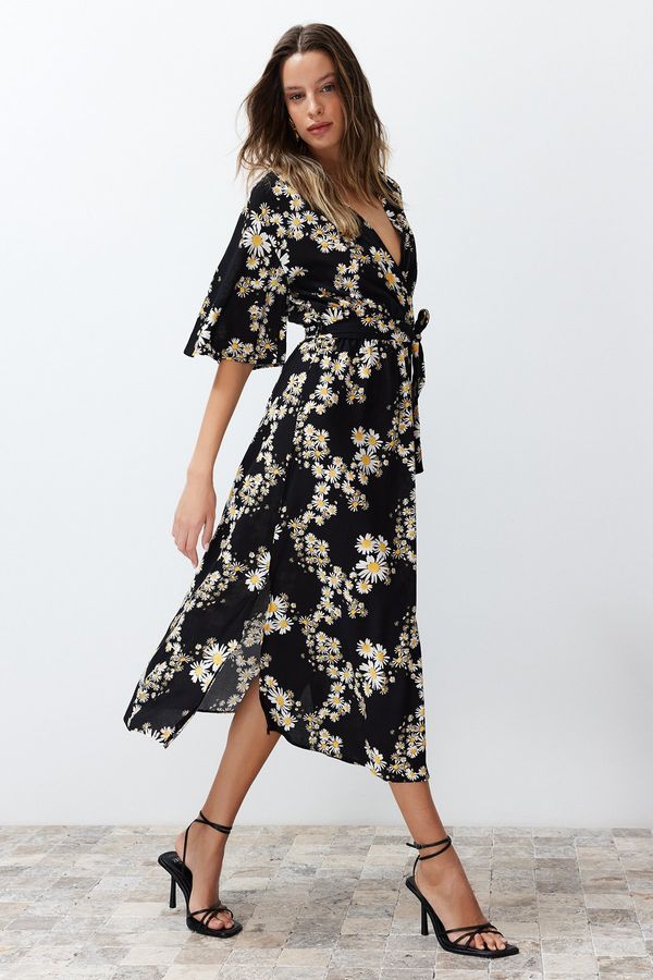 Trendyol Trendyol Black Belted Floral Print A-line Double-breasted Collar Midi Woven Dress