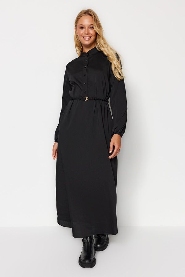 Trendyol Trendyol Black Belted Half Pat High Neck Woven Dress