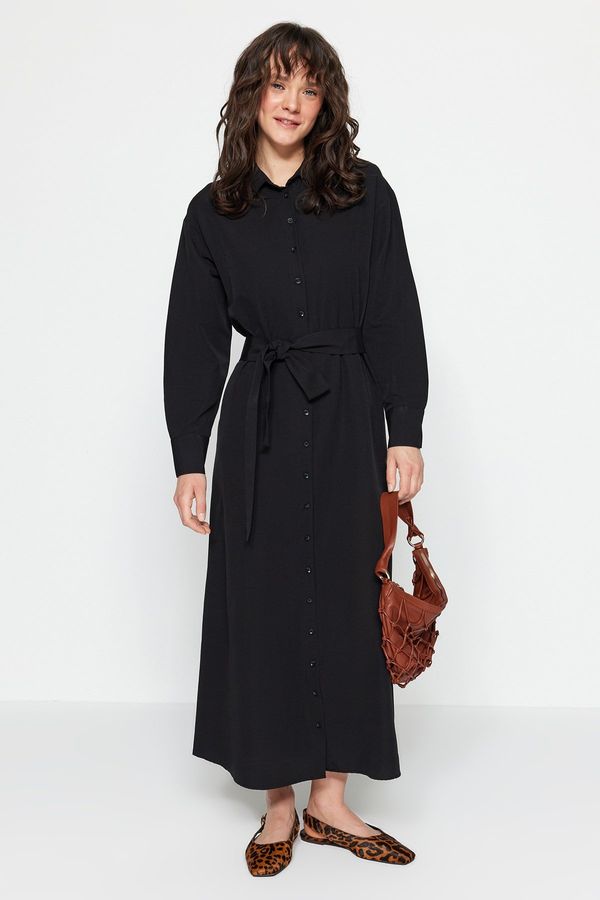 Trendyol Trendyol Black Belted Knitted Cotton Shirt Dress With Cuffs