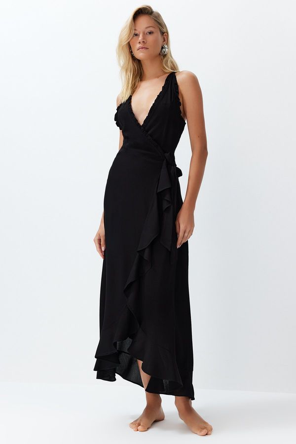 Trendyol Trendyol Black Belted Midi Woven Flounce Beach Dress