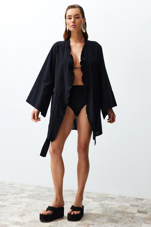 Trendyol Trendyol Black Belted Mini Woven Ruffled 100% Cotton Kimono & Kaftan
