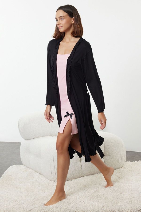 Trendyol Trendyol Black Belted Ruffle Detailed Knitted Dressing Gown