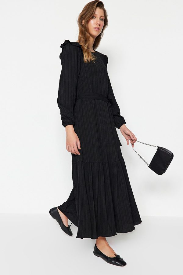 Trendyol Trendyol Black Belted Ruffled Shoulder Skirt Flounced Lined Viscose Blend Woven Dress