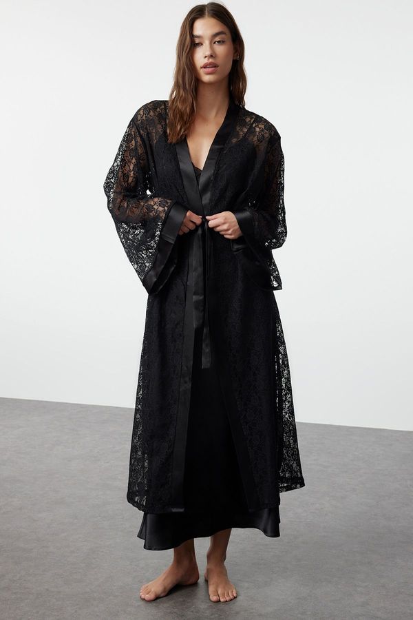 Trendyol Trendyol Black Belted Satin Band Detailed Lace Knitted Dressing Gown