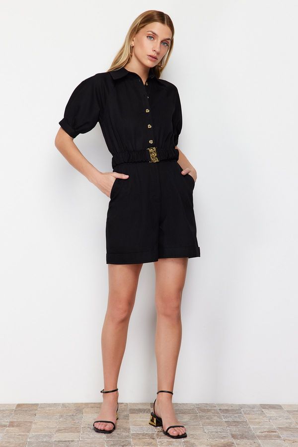 Trendyol Trendyol Black Belted Shirt Collar Mini Woven Jumpsuit