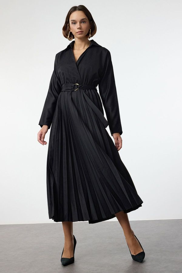 Trendyol Trendyol Black Belted Skirt Pleated Double Breasted Collar Maxi Woven Dress