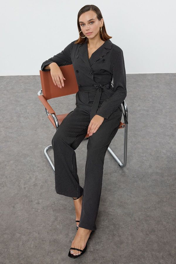 Trendyol Trendyol Black Belted Striped Jacket Collar Long Jumpsuit