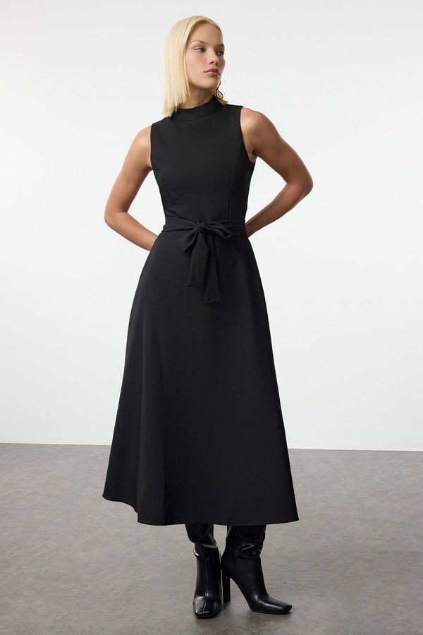 Trendyol Trendyol Black Belted Waist Opening Stand Collar Midi Woven Dress