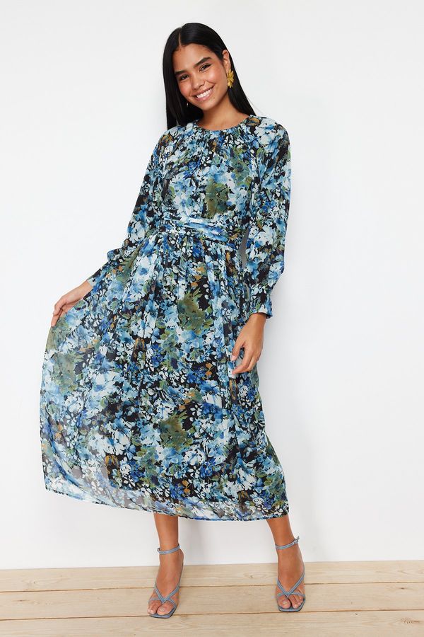 Trendyol Trendyol Black Blue Floral Belt Detailed Woven Dress