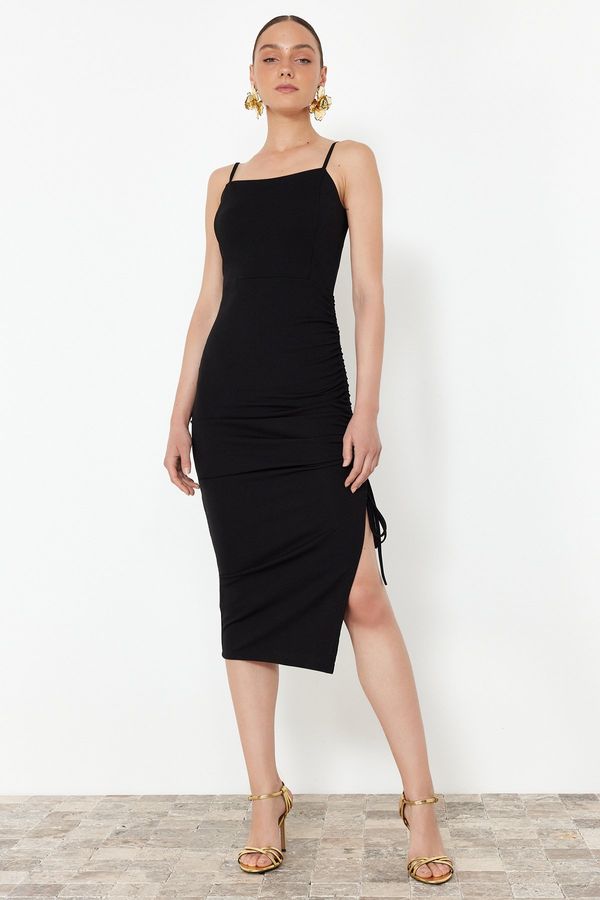Trendyol Trendyol Black Body-Fitting Knitted Stylish Evening Dress with Drap