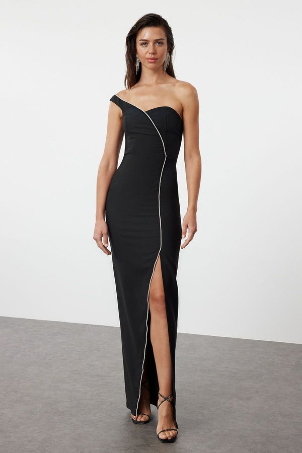 Trendyol Trendyol Black Body-Fitting Stone Accessory Single Sleeve Long Elegant Evening Dress