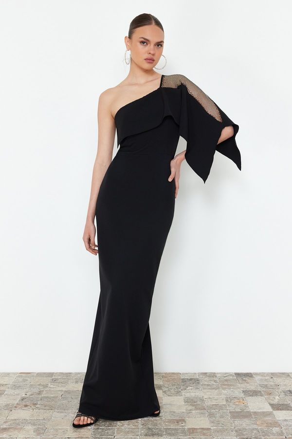 Trendyol Trendyol Black Body-Fitting Stone Accessory Single Sleeve Woven Long Evening Dress