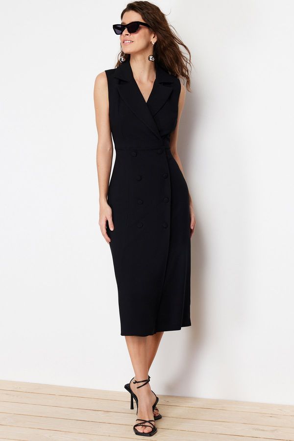 Trendyol Trendyol Black Body-hugging Button Detailed Double Breasted Neck Sleeveless Midi Pencil Skirt Woven Dress