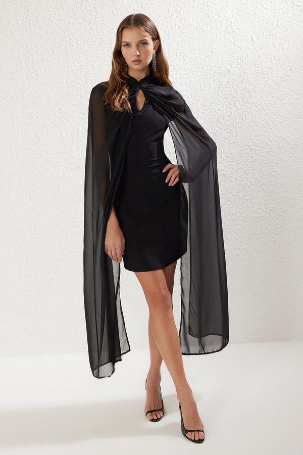 Trendyol Trendyol Black Body-Sit Cape Detailed Woven Elegant Evening Dress
