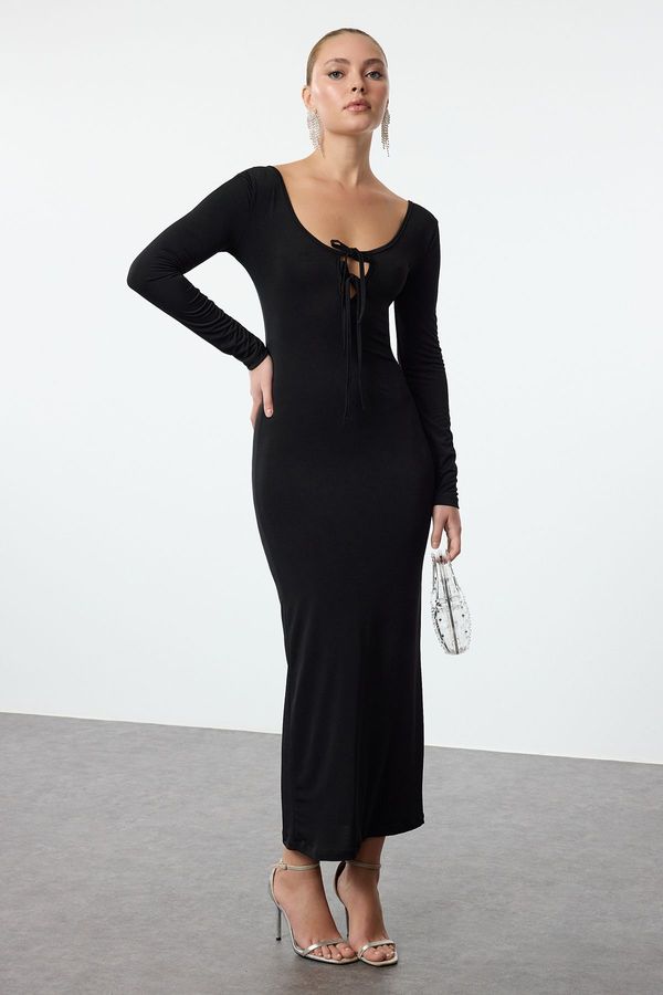 Trendyol Trendyol Black Body-Sit Knitted Long Dress with Tie Detail at Chest