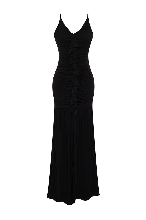 Trendyol Trendyol Black Body-Sitting Ruffle Long Evening Dress