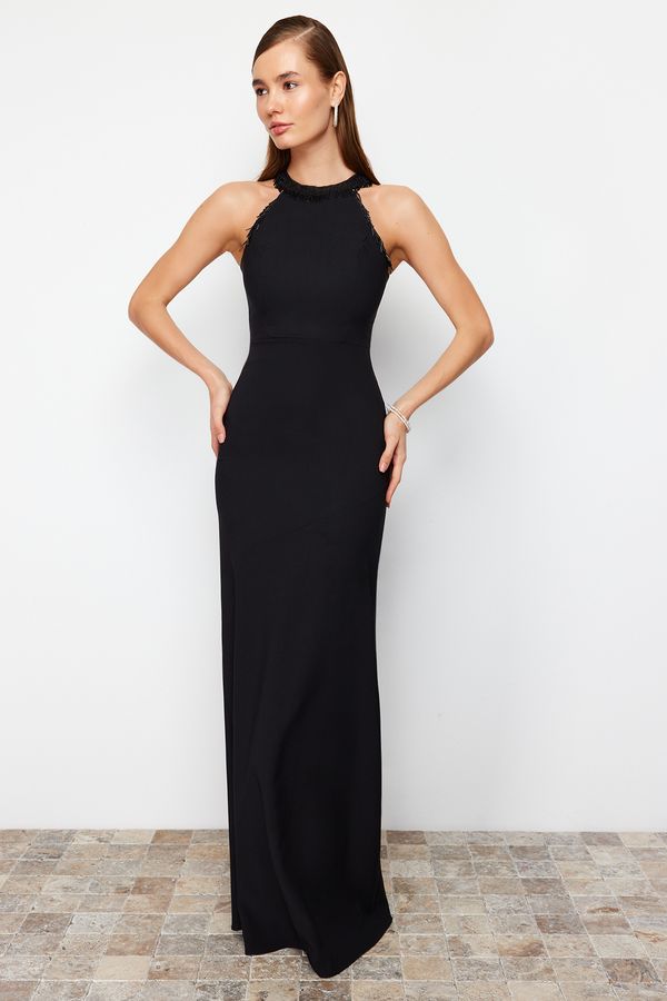 Trendyol Trendyol Black Body-Sitting Woven Shiny Jewelled Long Evening Dress