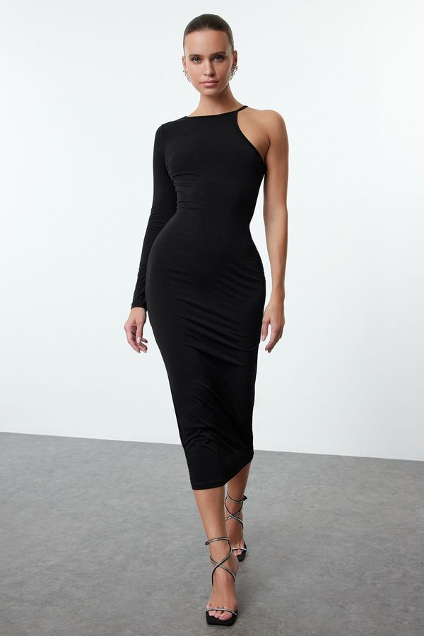 Trendyol Trendyol Black Body-Smoothing Asymmetrical Collar Knitted Chic Midi Evening Dress