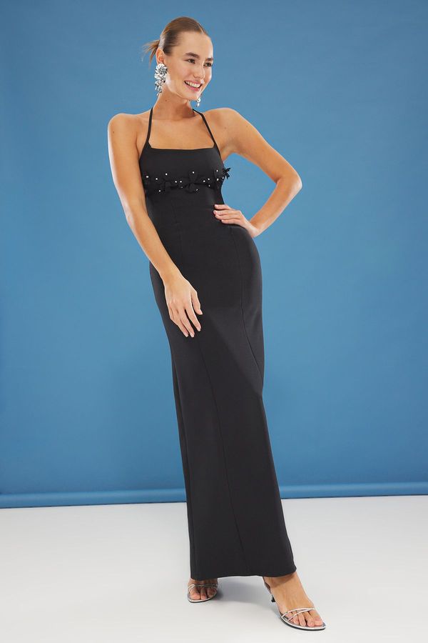 Trendyol Trendyol Black Bodycon Floral Applique Woven Maxi Evening Dress