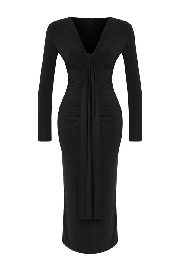 Trendyol Trendyol Black Bodycon V Neck Draped Knit Dress