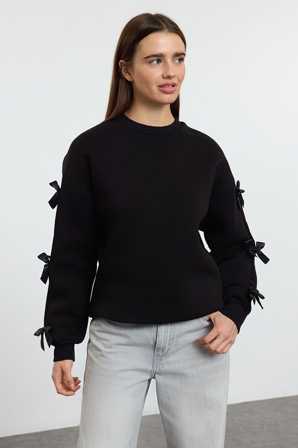 Trendyol Trendyol Black Bow Detail Oversize/Wide Pattern Thick Polar Fleece Knitted Sweatshirt