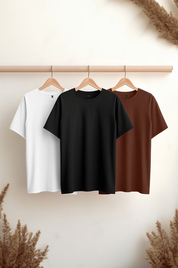 Trendyol Trendyol Black-Brown-White Basic Slim Fit 100% Cotton 3-Pack T-Shirt