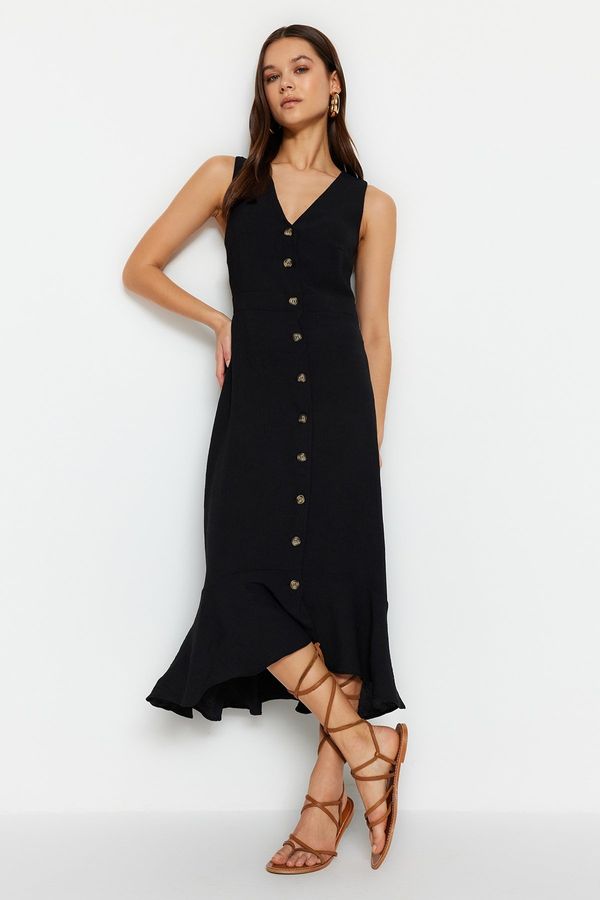 Trendyol Trendyol Black Button Detail Shift/Straight Cut Midi Woven Dress