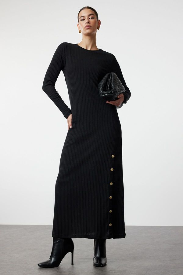 Trendyol Trendyol Black Button Detailed Corduroy Knitted Dress