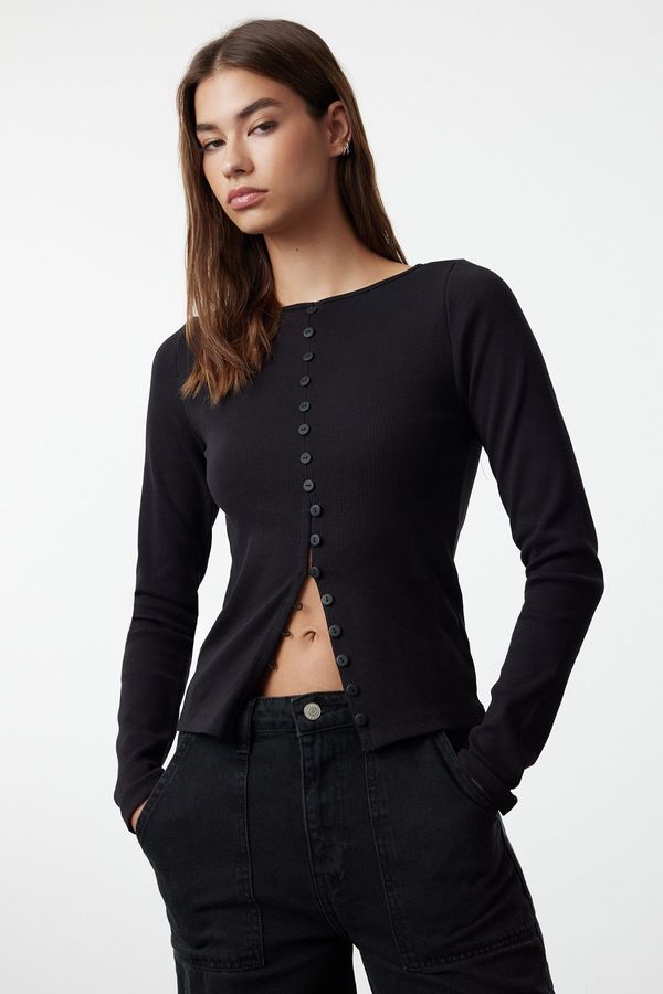 Trendyol Trendyol Black Button Detailed Crew Neck Ribbed Flexible Regular Length Knitted Blouse