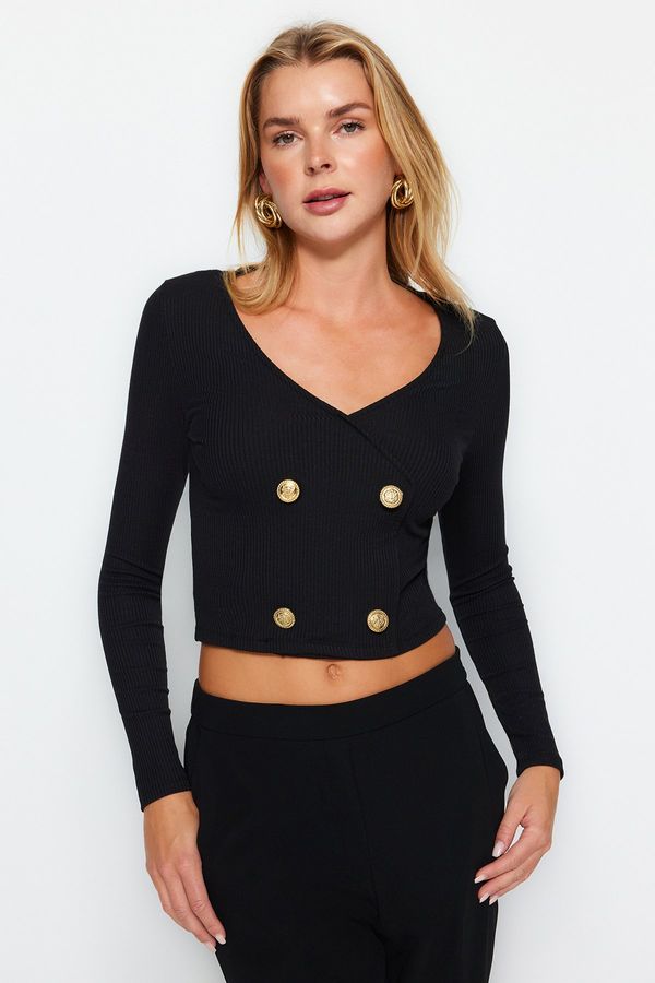 Trendyol Trendyol Black Button Detailed V-Neck Ribbed Stretchy Crop Knitted Blouse