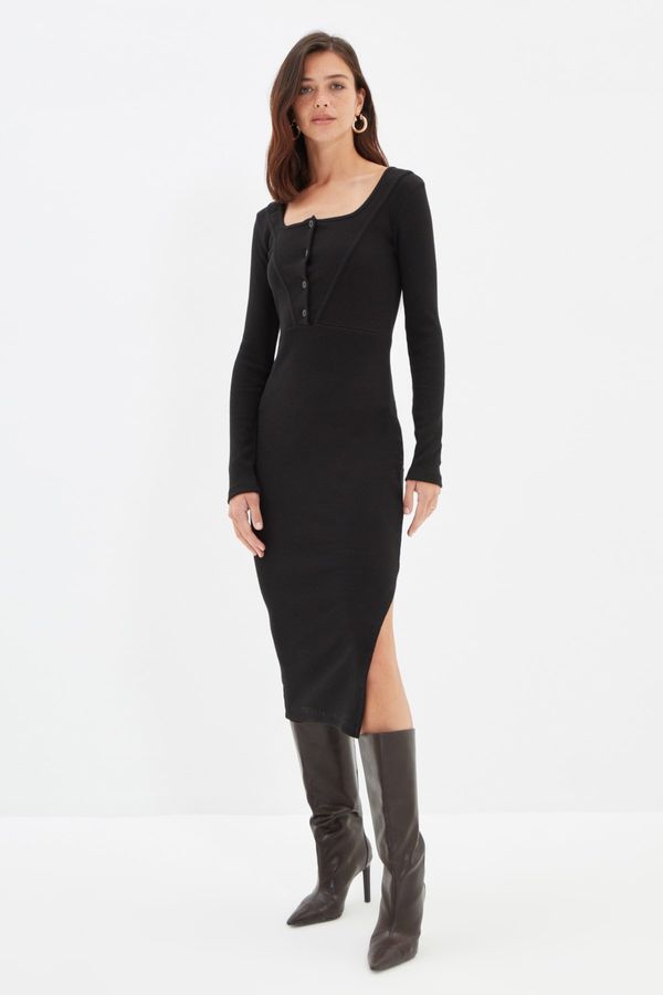 Trendyol Trendyol Black Buttoned Square Neck Fitted Long Sleeve Ribbed Flexible Midi Slit Dress