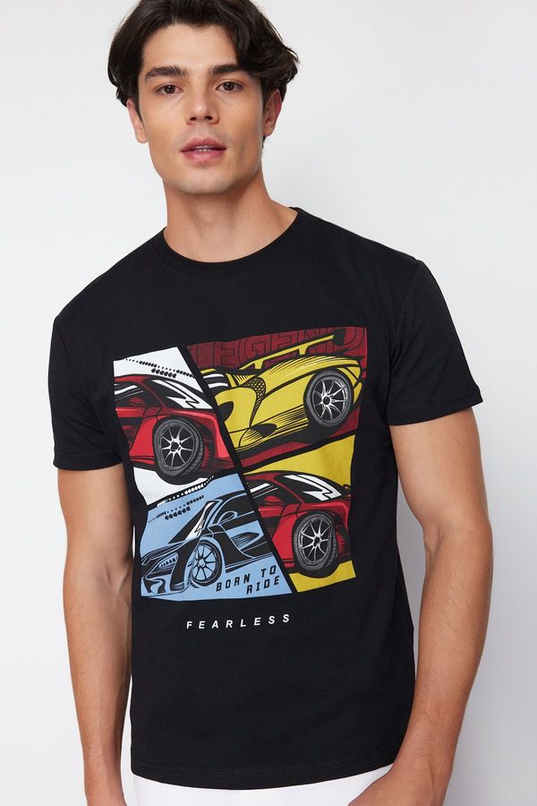 Trendyol Trendyol Black Car Printed Oversize/Wide Cut T-Shirt