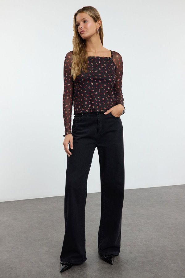 Trendyol Trendyol Black Cherry Printed and Bow Detailed Square Neck Knitted Blouse