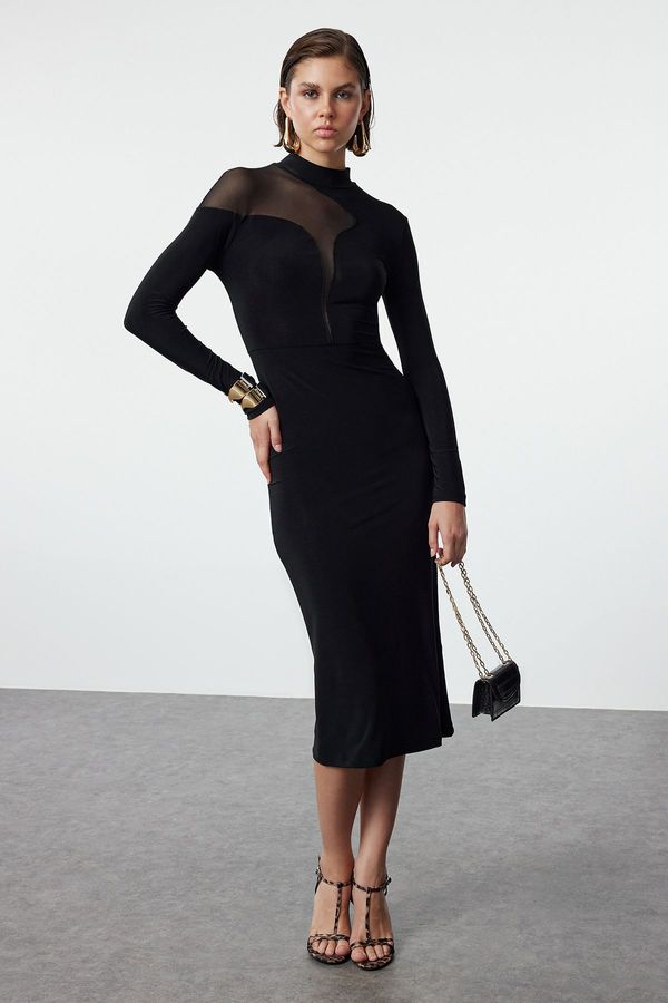 Trendyol Trendyol Black Collar Detailed Knitted Midi Elegant Evening Dress