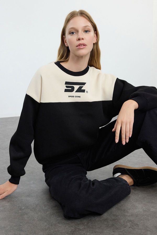 Trendyol Trendyol Black Color Blocked Oversize/Wide Fit Thick Inside Fleece Knitted Sweatshirt