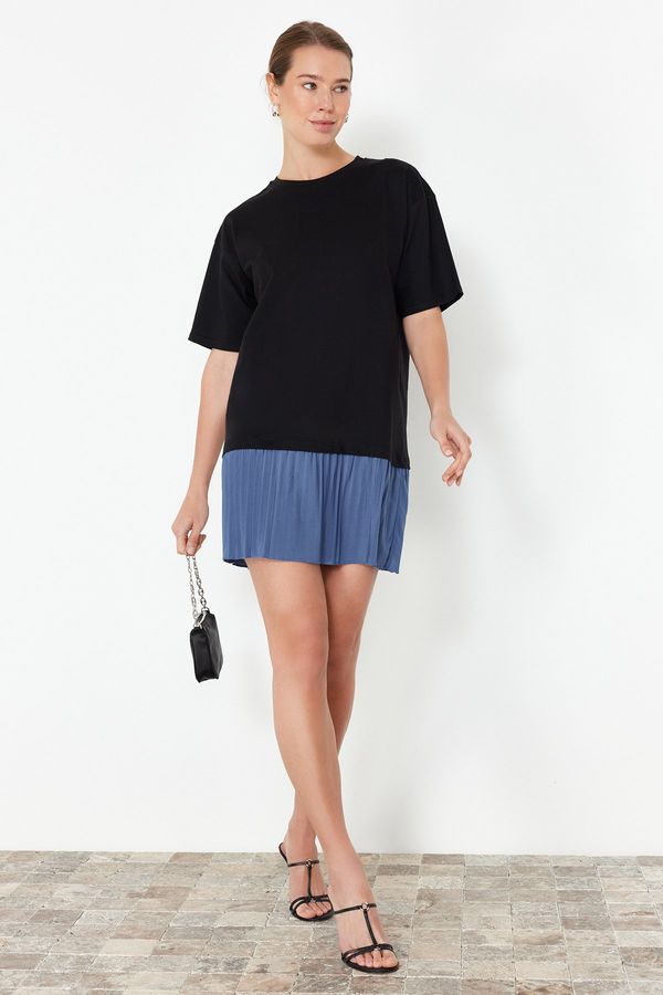 Trendyol Trendyol Black Color Blocked Skirt Pleated Mini Knitted Dress