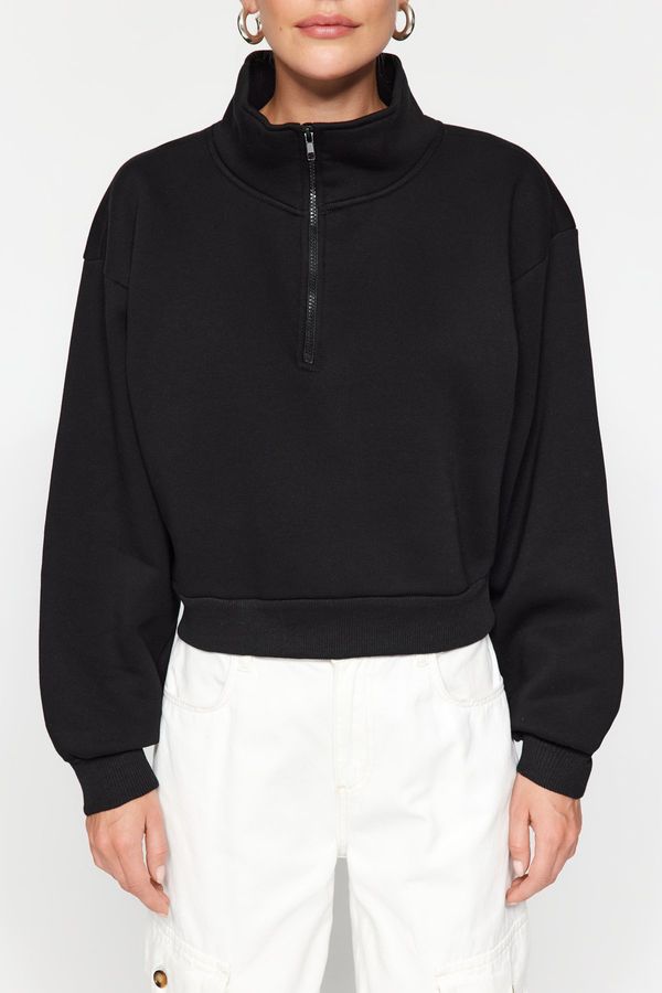 Trendyol Trendyol Black Comfort Fit Crop Basic Zipper High Neck Fleece Inner Knitted Sweatshirt