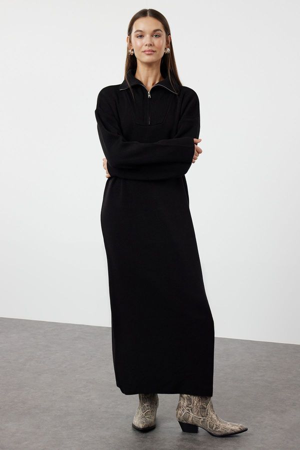 Trendyol Trendyol Black Comfortable Fit Basic Knitwear Dress with Zipper Collar
