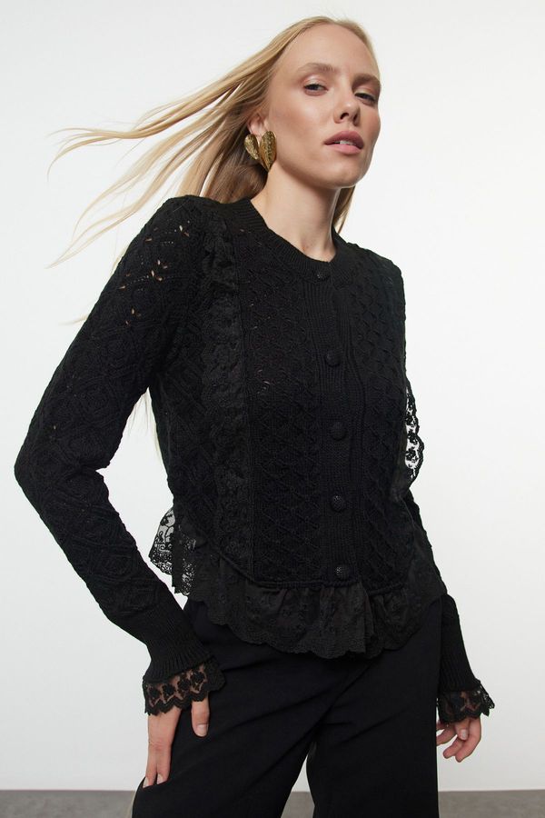 Trendyol Trendyol Black Crop Lace Openwork/Hole Knitted Cardigan