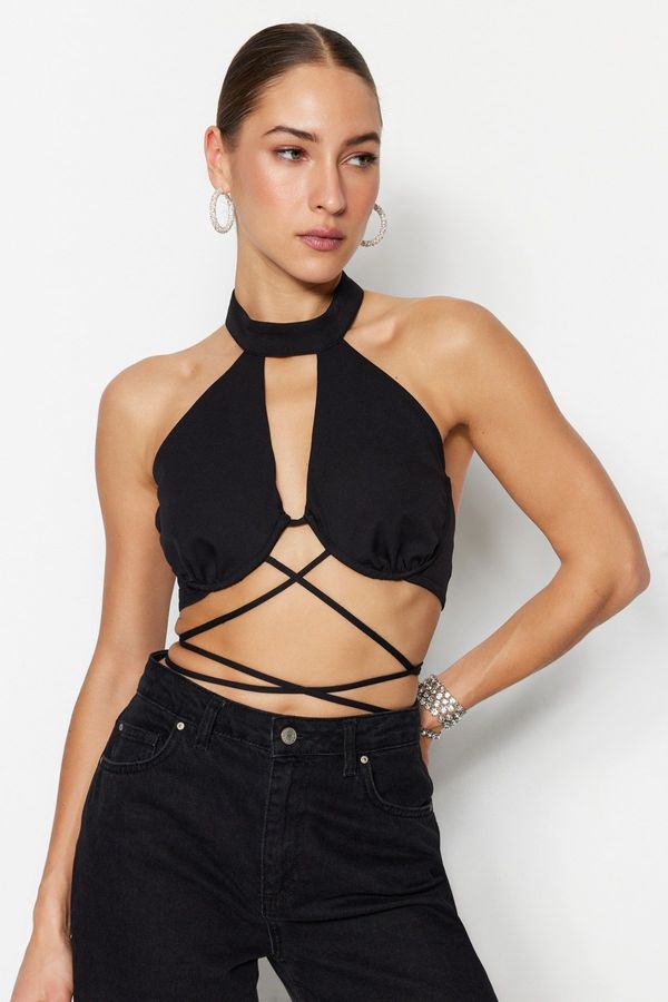 Trendyol Trendyol Black Crop Lined Woven Piping Window/Cut Out Detailed Bustier
