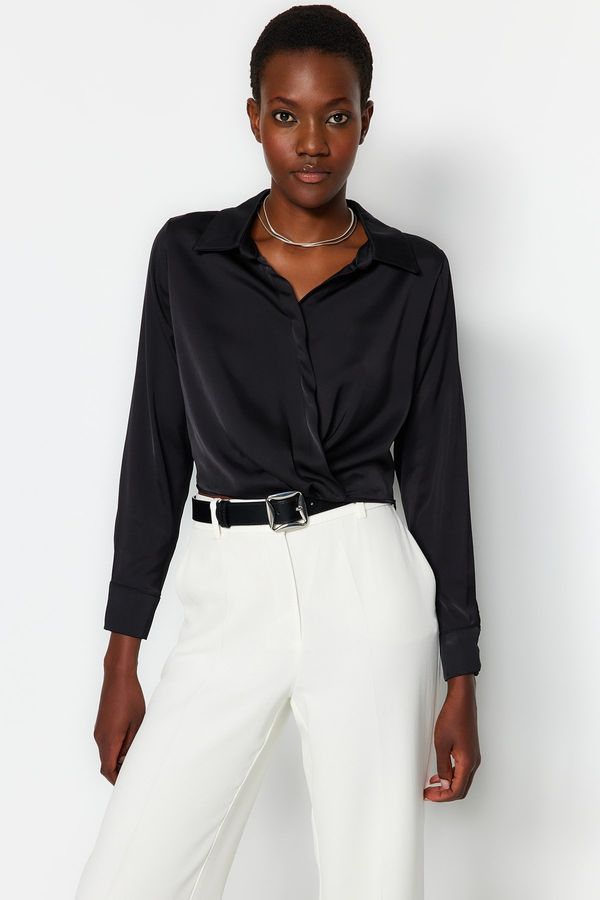 Trendyol Trendyol Black Crop Shirt Collar Satin Woven Blouse