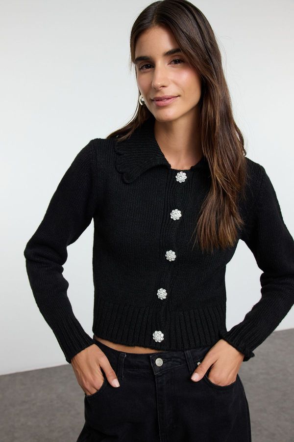 Trendyol Trendyol Black Crop Soft Texture Jeweled Button Knit Cardigan