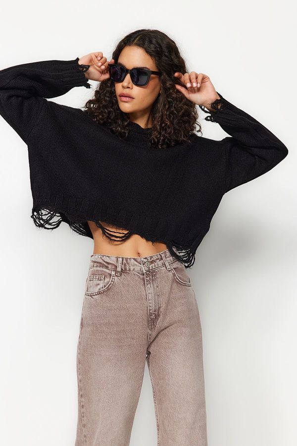 Trendyol Trendyol Black Crop Super Wide Fit Soft Textured Knitwear Sweater