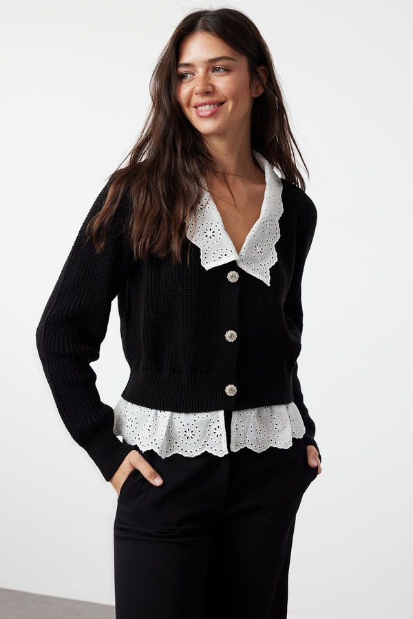 Trendyol Trendyol Black Crop Woven Garni Detailed V Neck Knitwear Cardigan