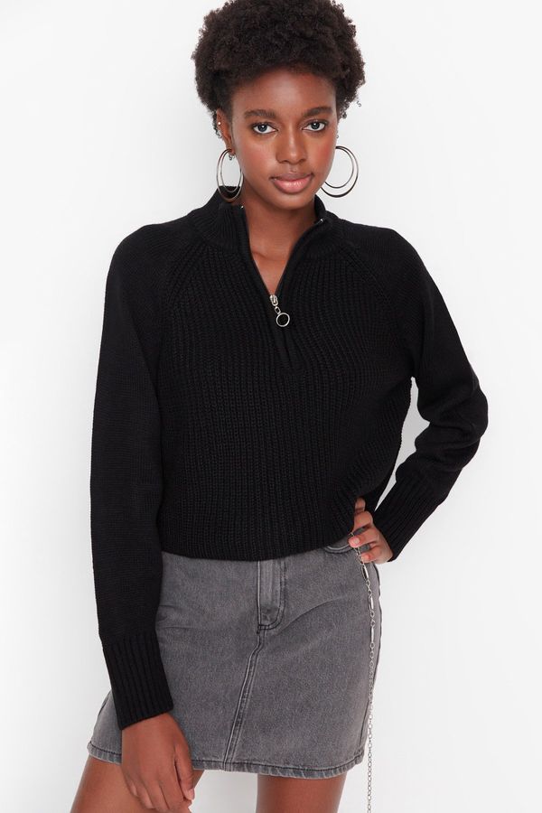 Trendyol Trendyol Black Crop Zippered Stand Collar Basic Knitwear Sweater